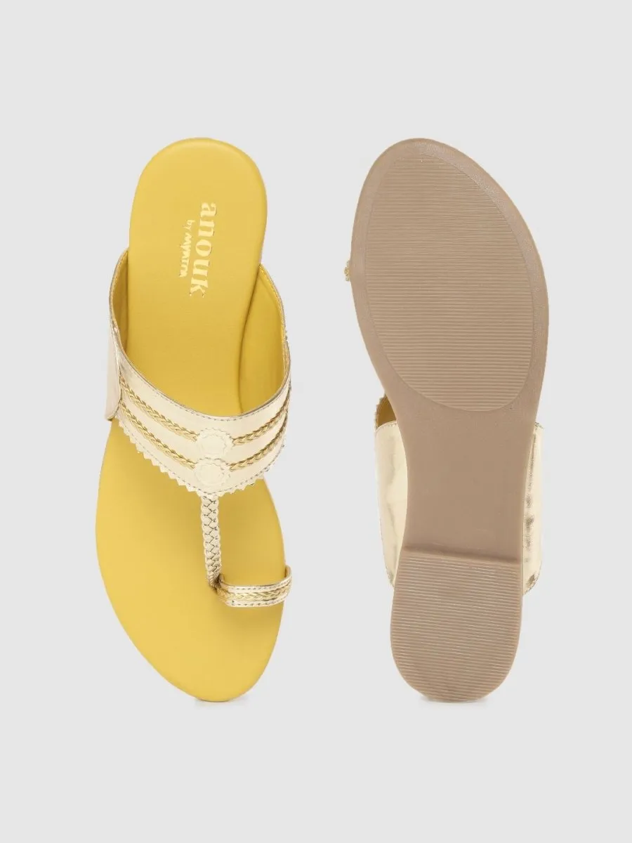 Anouk Women Gold-Toned Braided One Toe Flats